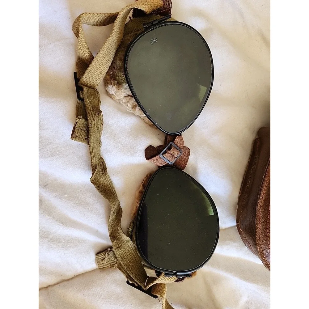Vintage Antique Fur‎ Lined Military Goggles With Case (Grant Foster And Co.)